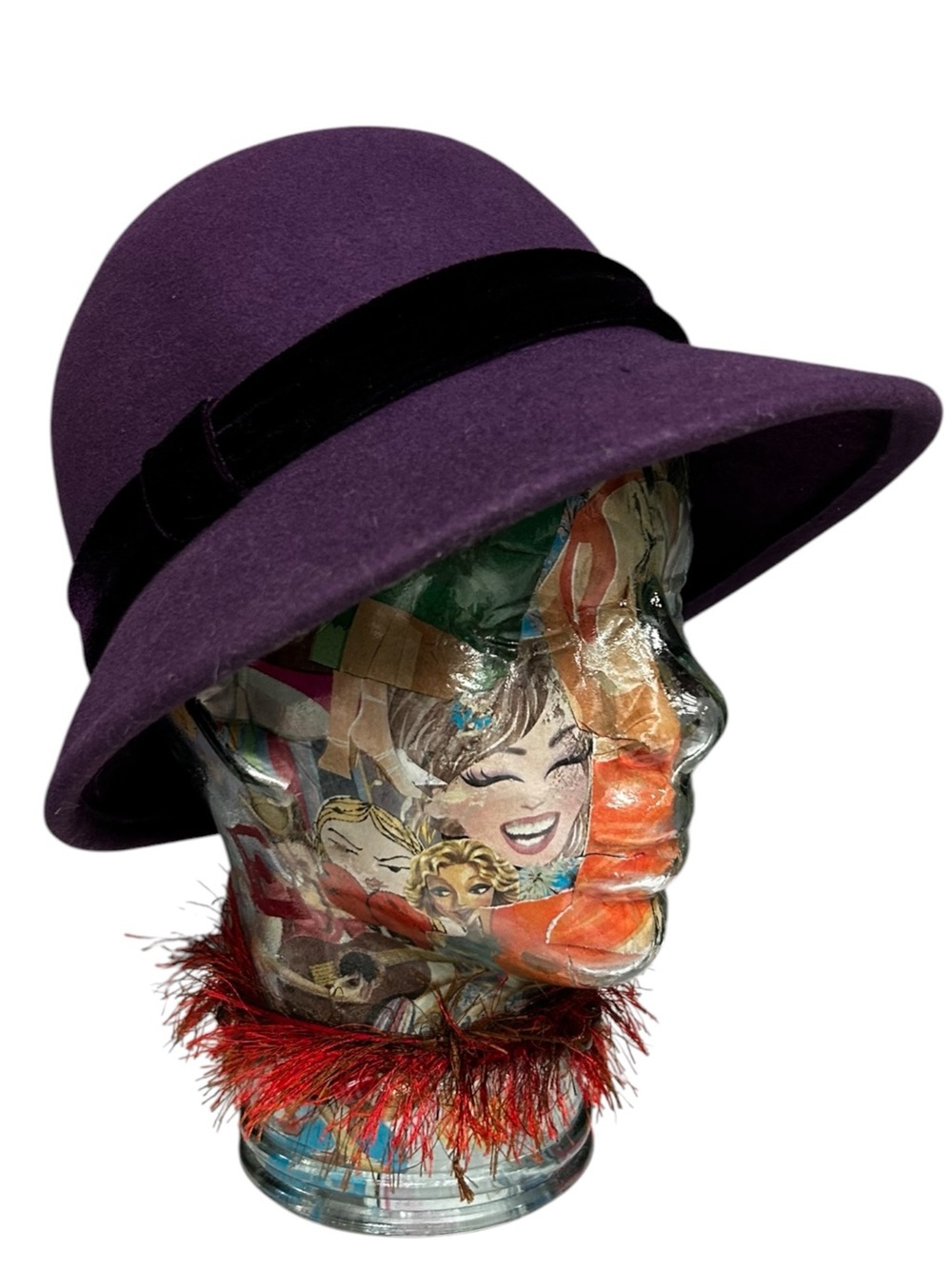 Nine West Purple 100% Wool Cloche Hat Black Velvet Band Medium Fit